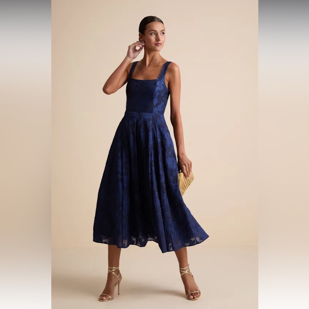 Lulu's Midnight Blue Jacquard Lace-Up Midi Dress